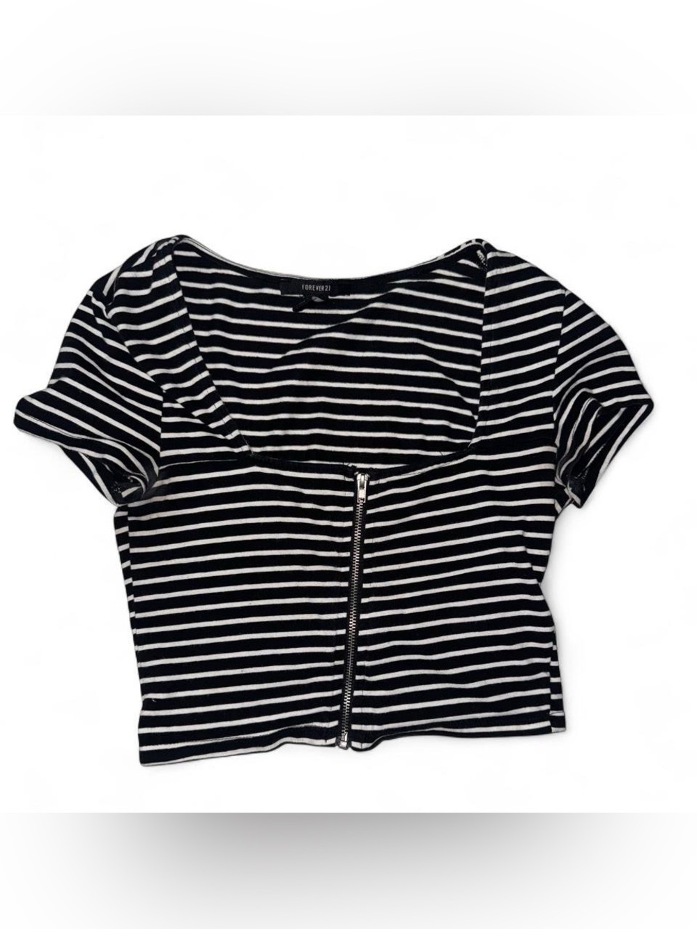 Forever 21 Navy Blue & White Striped Zip Crop Top